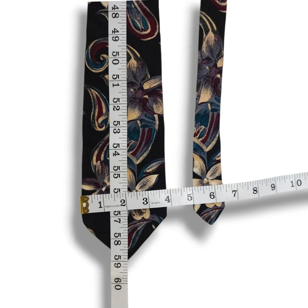 Vintage Hanover St USA Silk Necktie Wide Floral Paisley Black Burgundy Teal OS